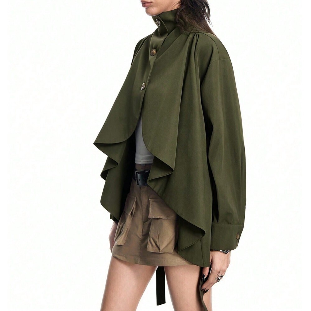 Olive Green Draped Waterfall Cape-Effect Collar Oversized Trench Jacket - Picture 6 of 8